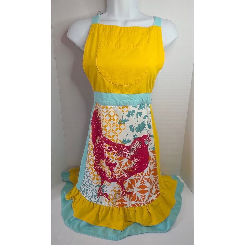 World Market Yellow Farmhouse Hen Apron W/ Ruffle Hem Teal Accents and Pocket